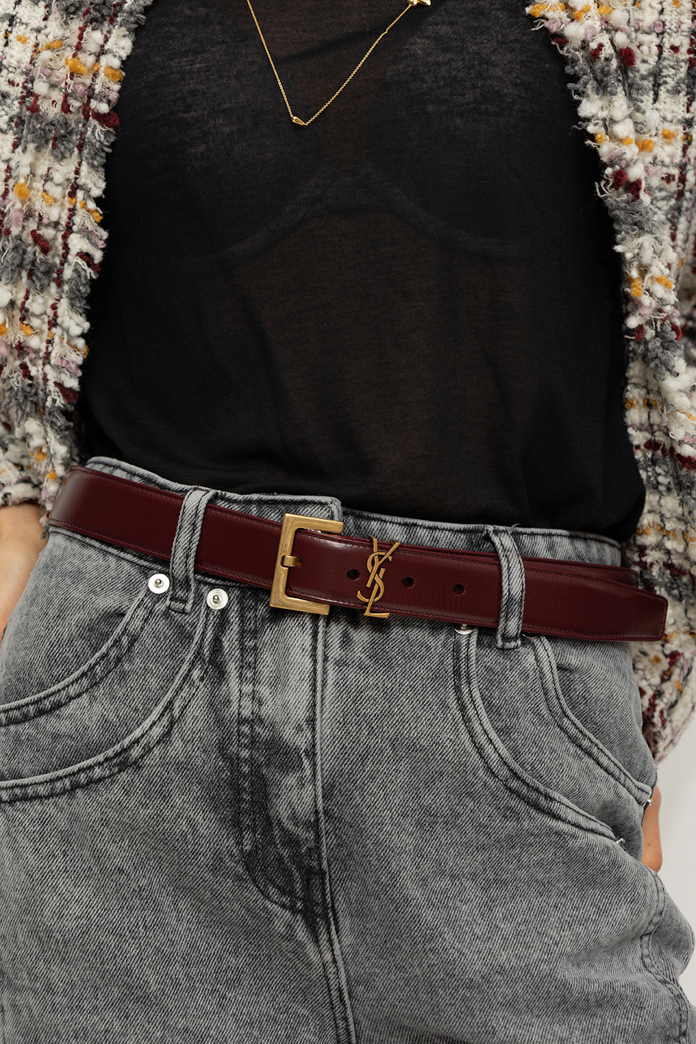 Burgundy Leather belt with logo Saint Laurent - IetpShops NC